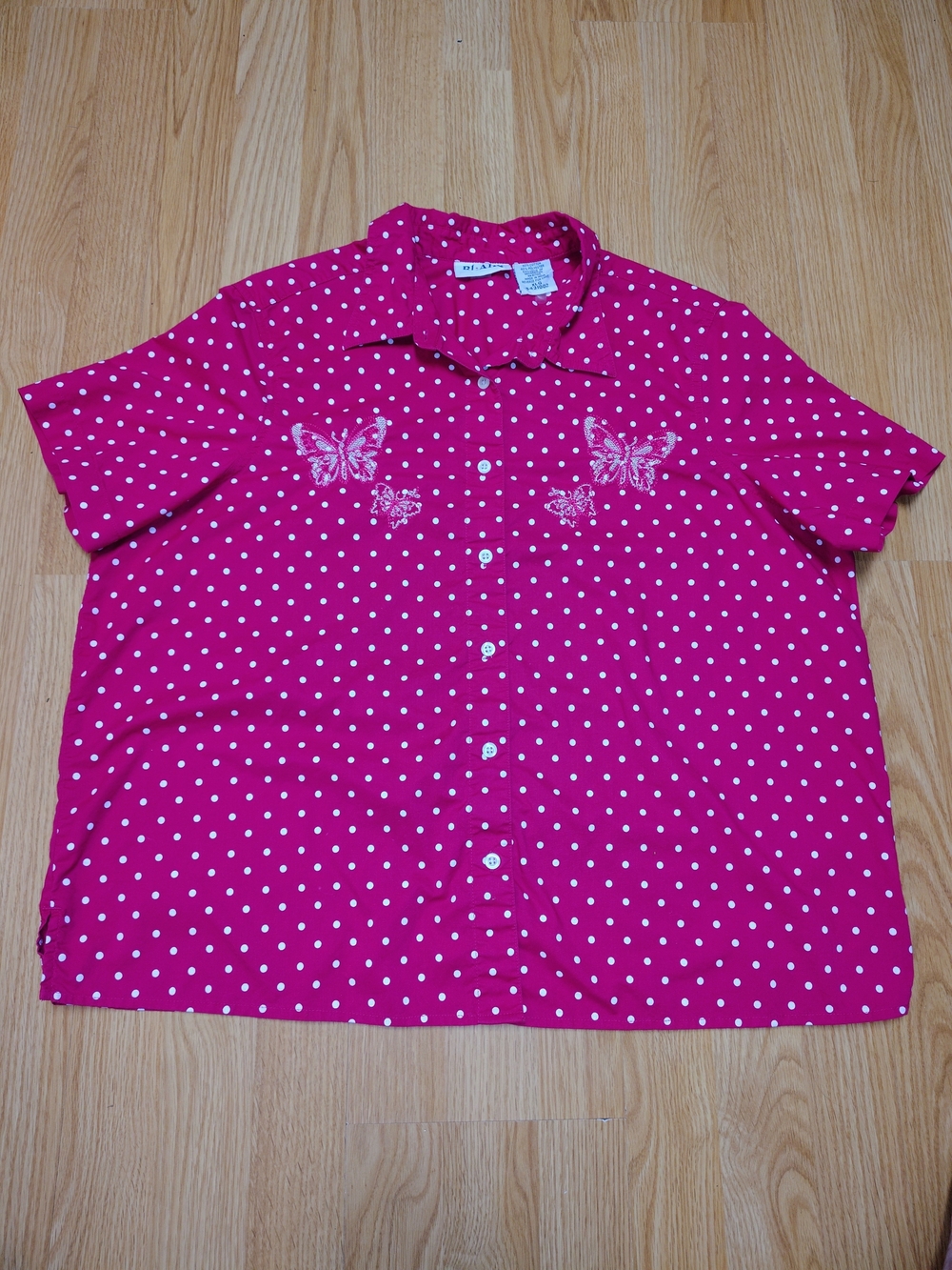 Vintage 90sBlair Red Polka Dot Short-Sleeve Button-Up with Butterfly Embroidery